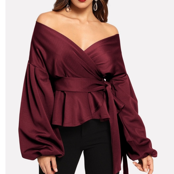 Lantern Sleeve Belted Wrap Off the Shoulder Top - Picture 8 of 8